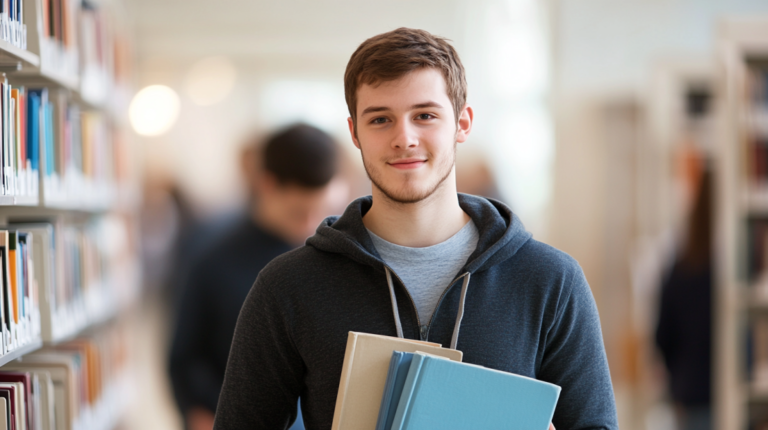 A Student in A Library Holding Books, Representing Access to Free Education